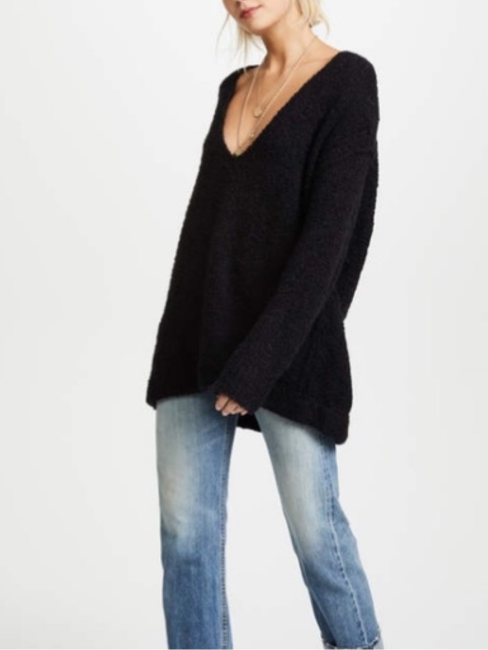 Free People Black Deep V-Neck Oversized Sweater